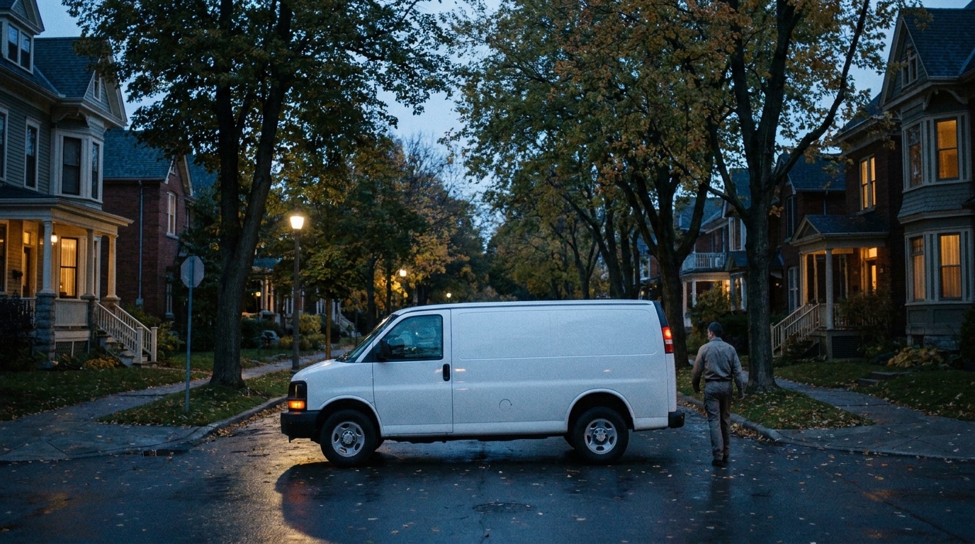 Véhicule d'intervention banalisé, rue résidentielle au crépuscule